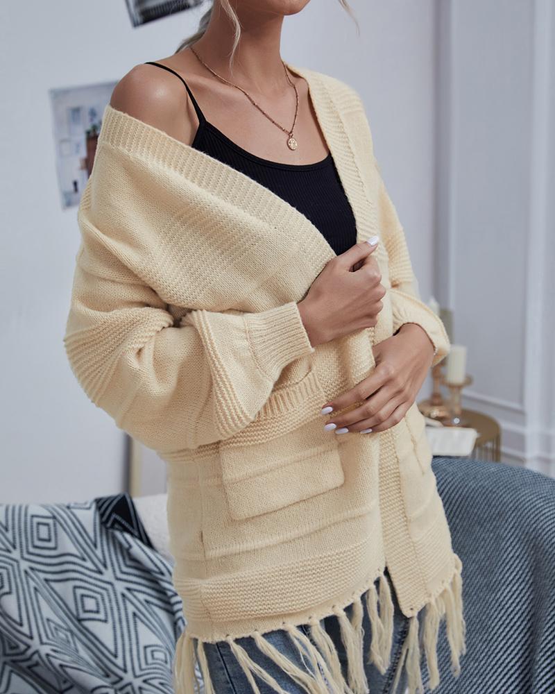 

Pocket Tassel Design Long Sleeve Cardigan, Yellow