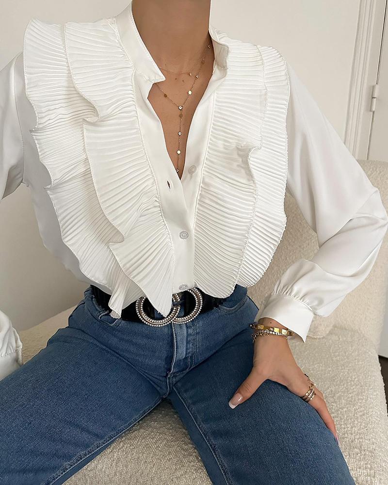 

Ruffle Hem Button Design Top, White