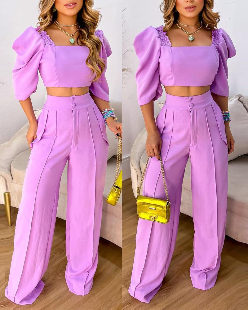

Puff Sleeve Crop Top & High Waist Pants Set, Purple