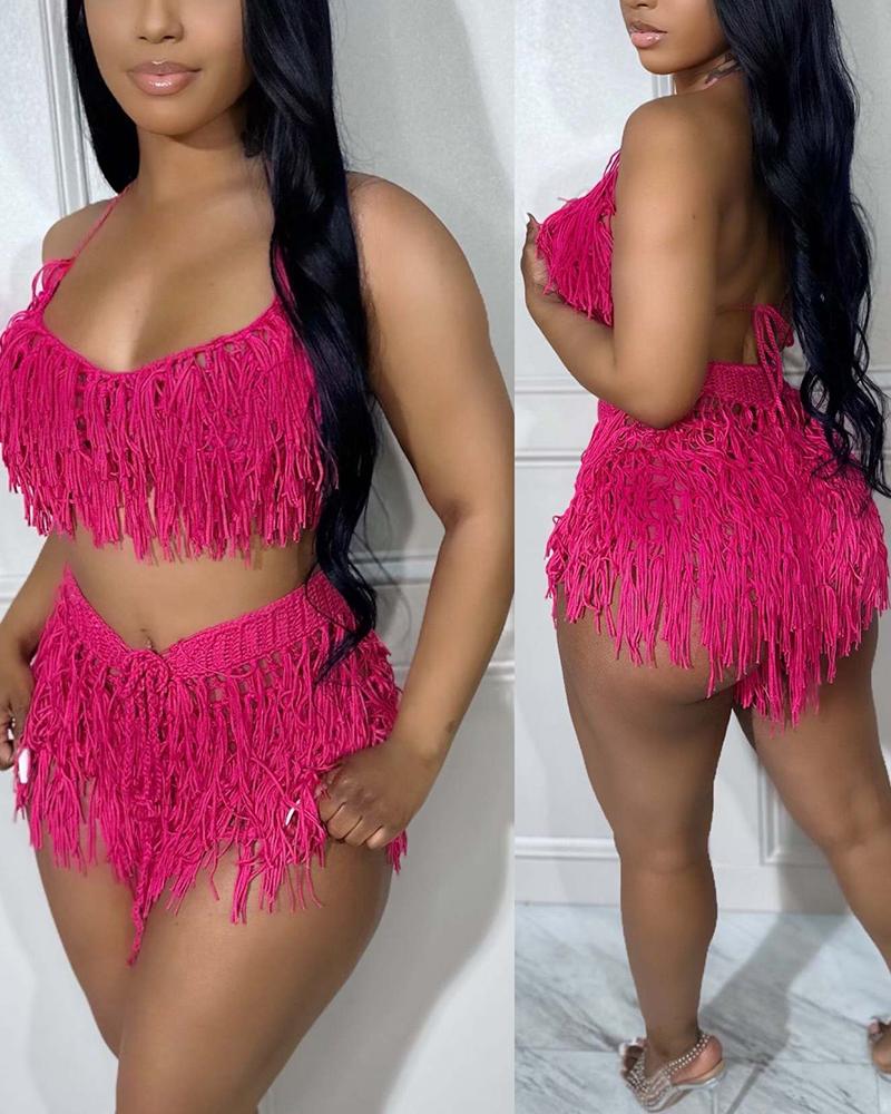 

Spaghetti Strap Crop Crochet Top & Tassel Design Shorts Set, Hot pink