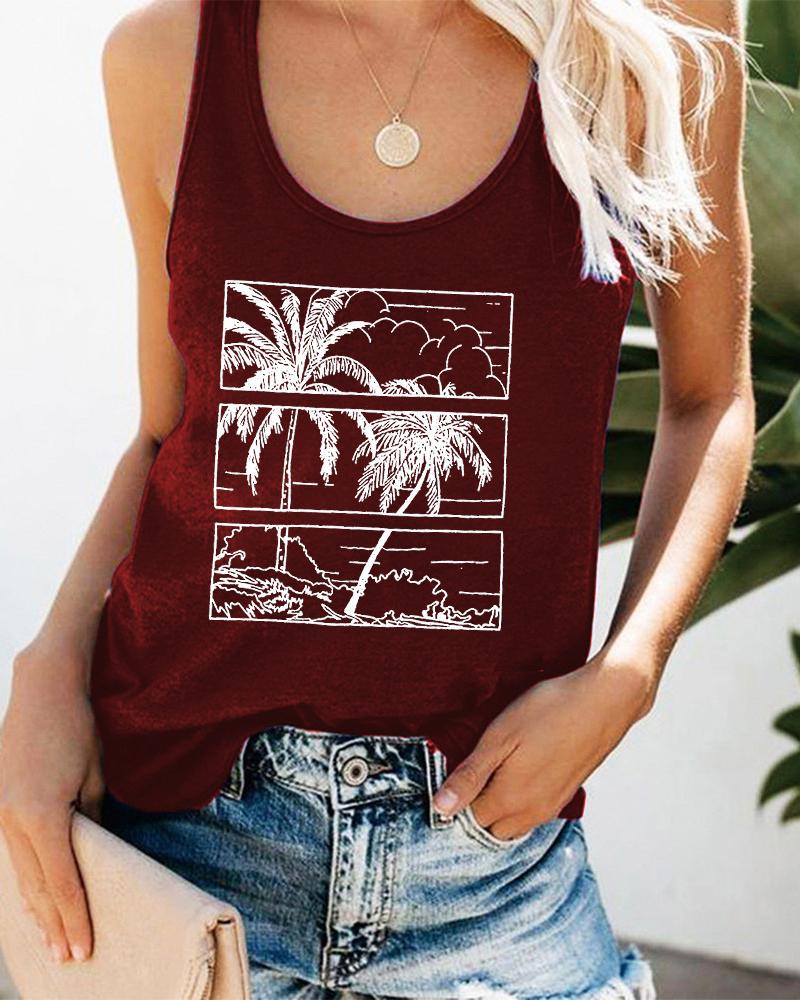 

Coconut Tree Letter Print Graphic Tee Scoop Neck Summer Beach Vest Tank Top, Wine red