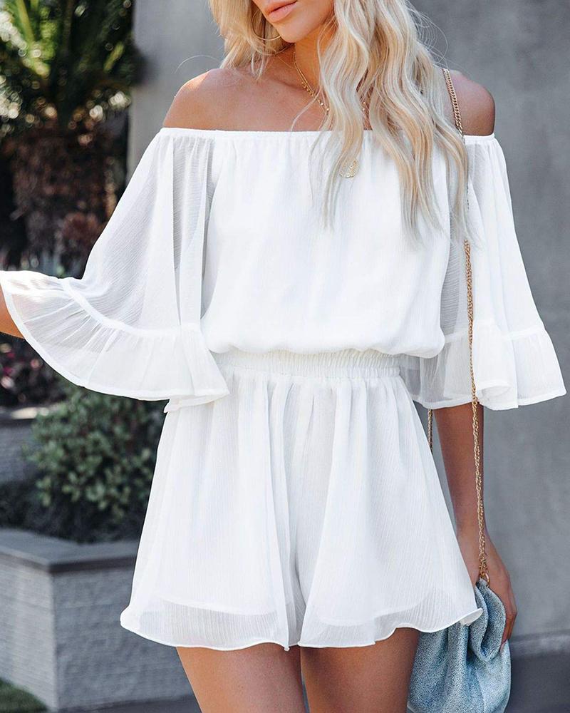 

Off Shoulder Ruffle Hem Gathered Waist Romper, White