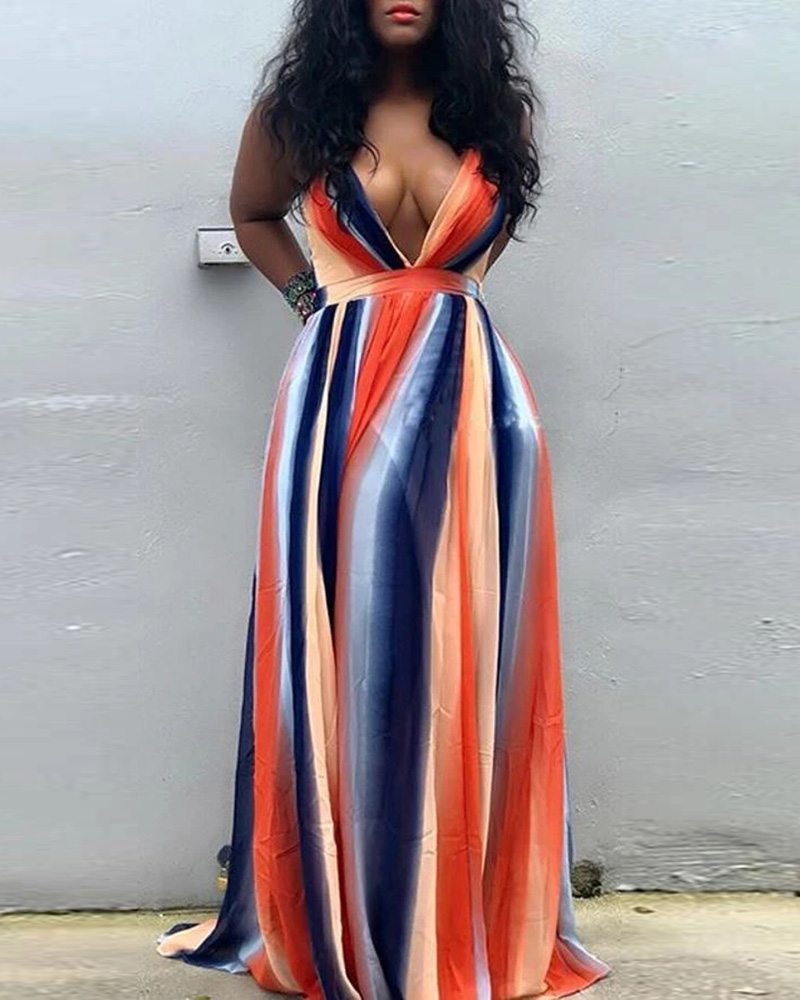 

Crisscross Backless Striped Ombre Colorblock Maxi Dress, Orange