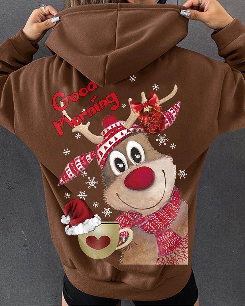 

Christmas Reindeer Letter Print Long Sleeve Hoodie, Coffee