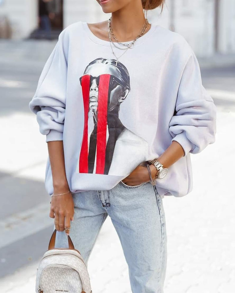 

Figure Print Long Sleeve Sweatshirt, Gray