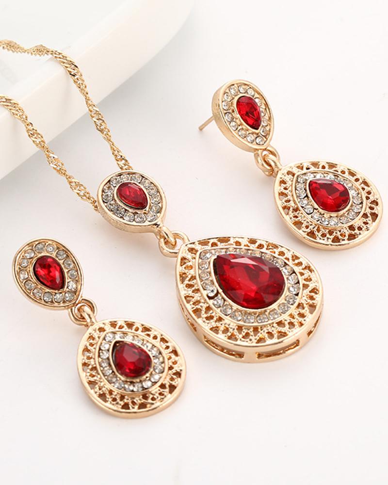

2PCS Waterdrop Gemstone Pendant Necklace & Drop Earrings Party Wedding Bridal Jewelry Set, Red