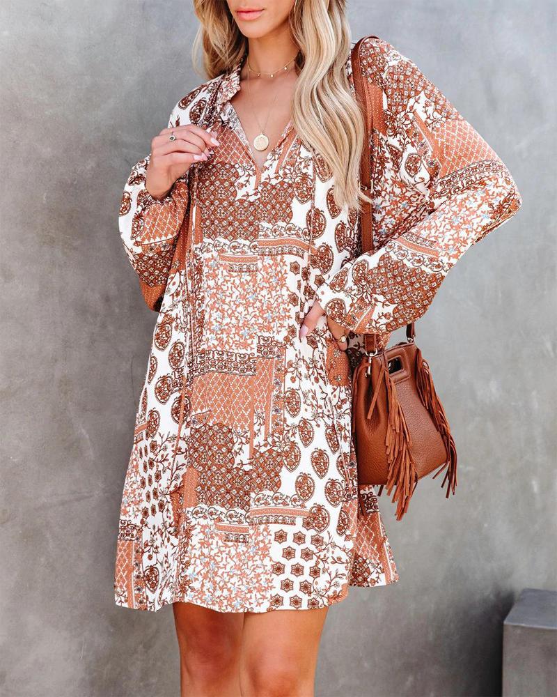 

Scarf Print Long Sleeve Casual Dress, Multicolor