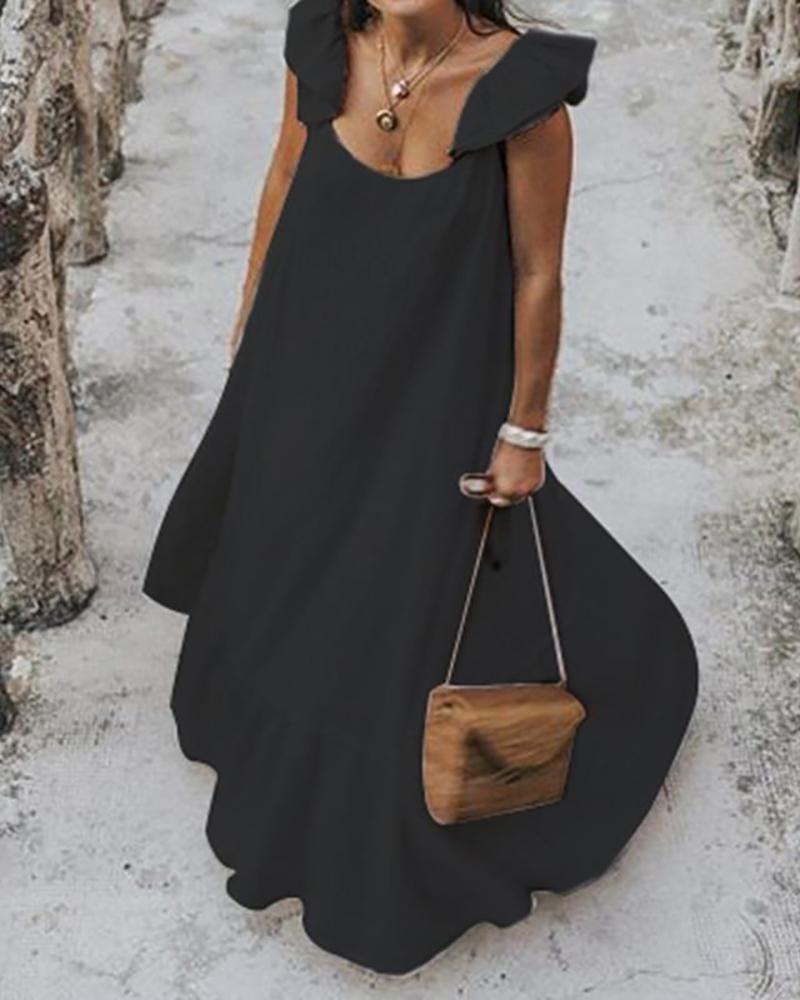 

Ruffles Ruched Casual Maxi Dress, Black