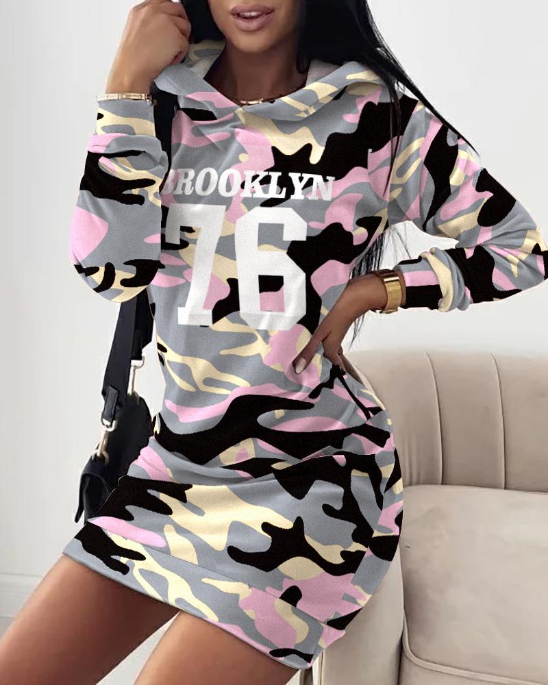 

Letter Camo Print Long Sleeve Hooded Sweatshirt Dress, Camoflage