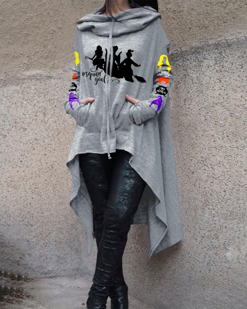 

Halloween Graphic Print Dip Hem Hooded Sweatshirt, Gray