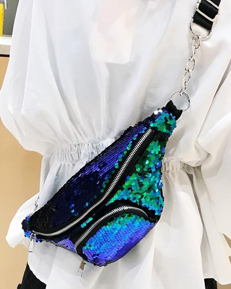 

Allover Sequins Zipper Decor Fanny Pack, Blue