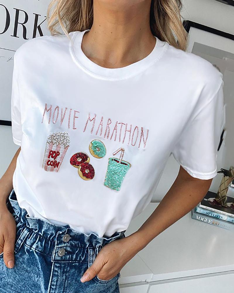 

Sequins Embroidery Round Neck T-shirt, White