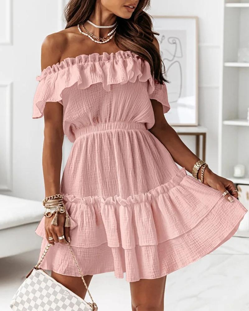 

Off Shoulder Ruffle Hem Casual Dress, Pink