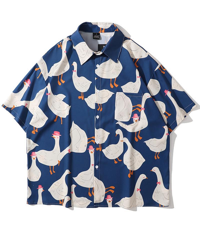 

Vintage Cartoon Duck Print Short Sleeve T-shirt, Blue