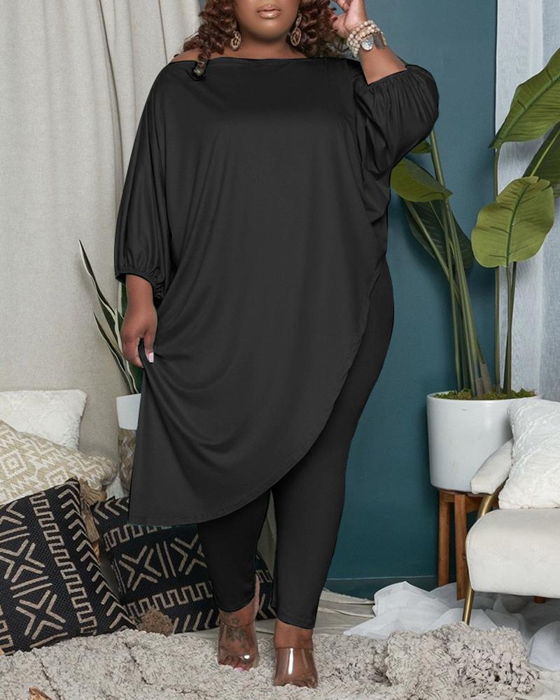 

Plus Size Asymmetrical Longline Top & Pants Set, Black