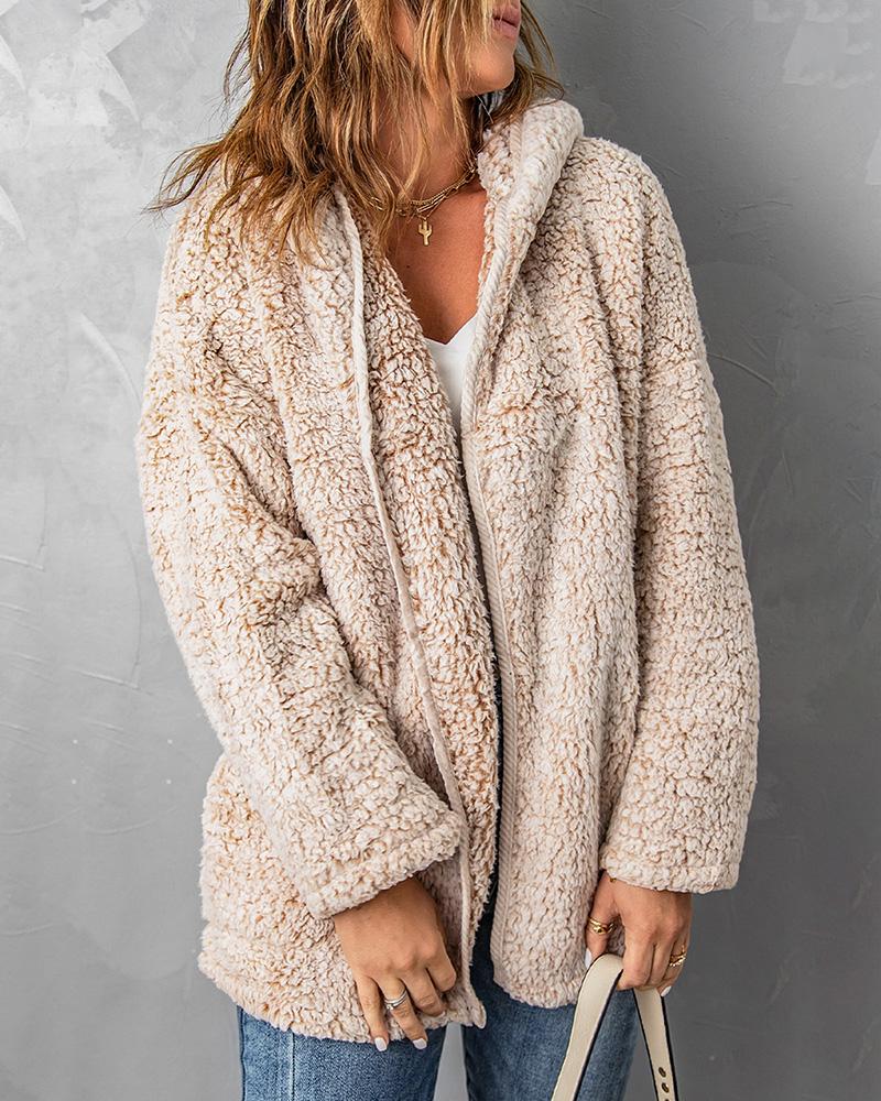 

Pocket Design Long Sleeve Hooded Casual Teddy Coat, Khaki