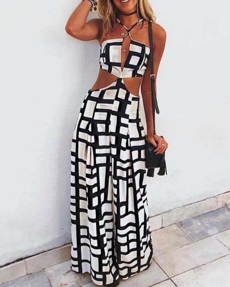 

Geo Pattern Print Tied Detail Cutout Wide Leg Jumpsuit, Black