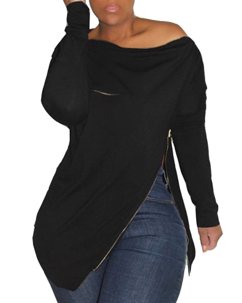 

Zipper Design Cold Shoulder Slit Sweatshirt, Black