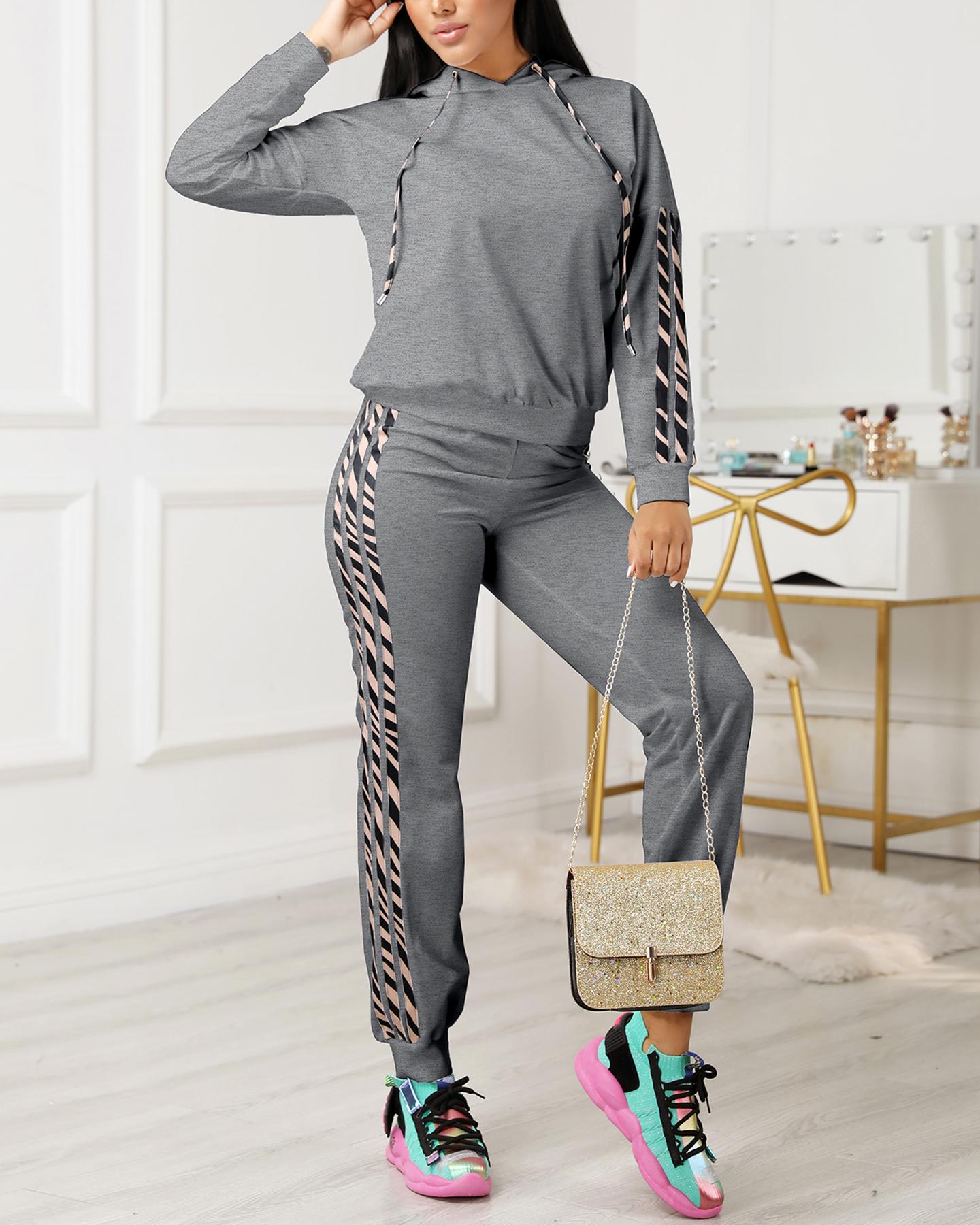 

Striped Drawstring Design Hooded Top & Casual Pant Sets, Gray