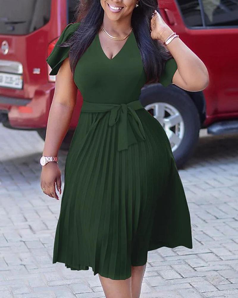 

Short Sleeve Pleated V-Neck Work Dress, Green