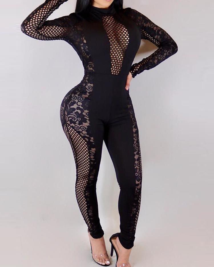 

Splicing Crochet Lace Fishnet Skinny Jumpsuit, Black