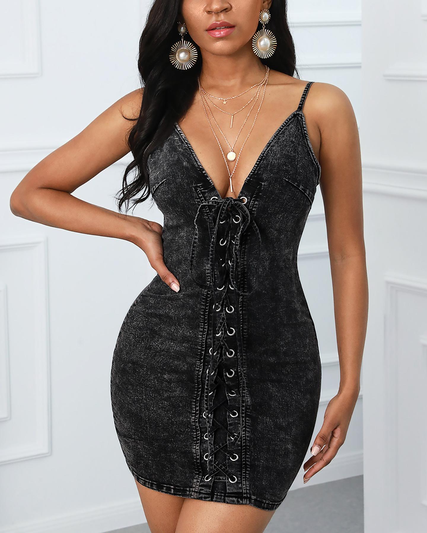

Eyelet Lace-up Denim Bodycon Dress, Black