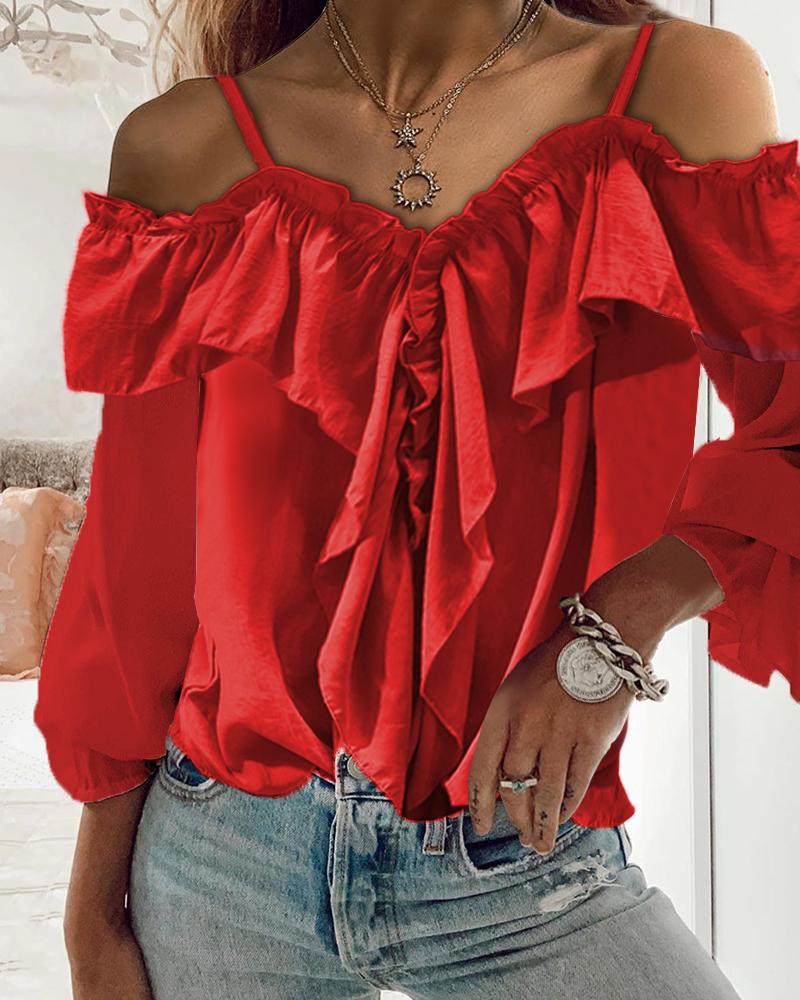 

Plain Ruffles Off Shoulder Long Sleeve Top, Red