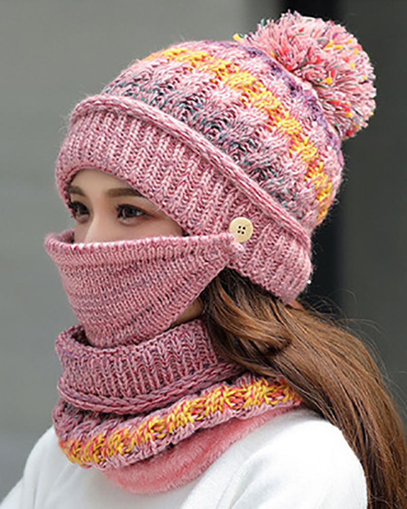 

Women Girls Knitted Hat scarf Mask Set Winter Fleece Lined Beanie Knit Ear Flaps Hat With Pom Pom, Pink