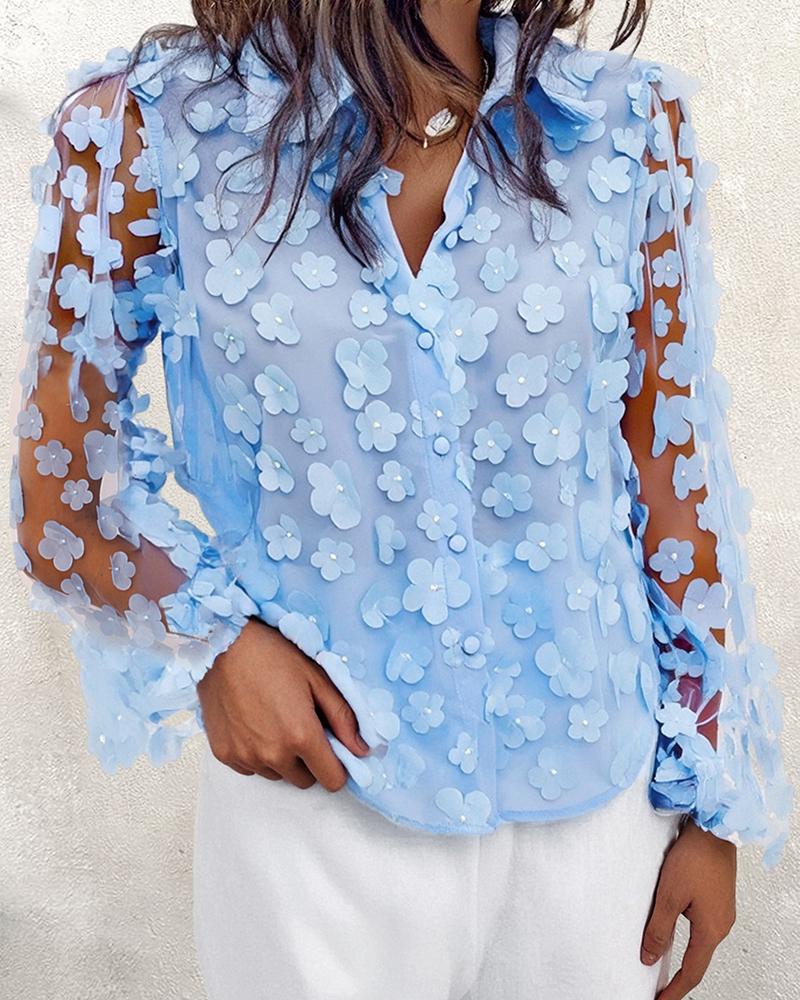 

3D Floral Pattern Sheer Mesh Lantern Sleeve Blouse Top, Lighted blue