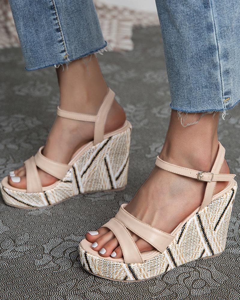 

Round-toe Solid Color Hollow-out Wedge Sandals, Apricot