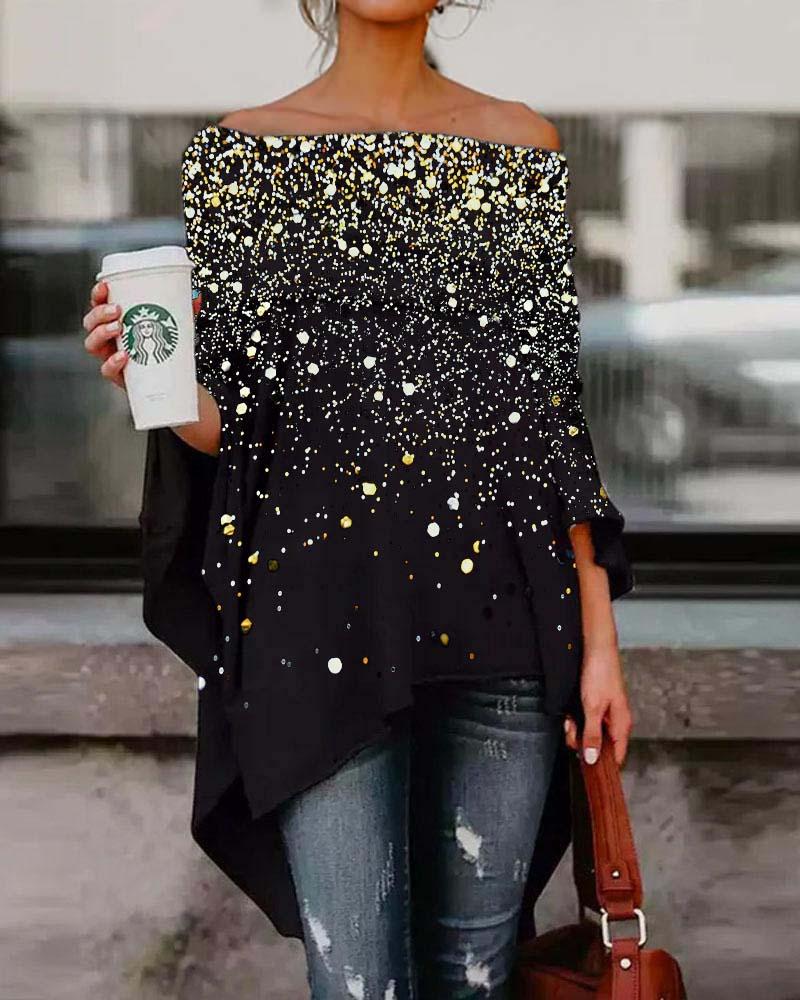 

Print Off Shoulder Asymmetrical High Low Hem Top, Black