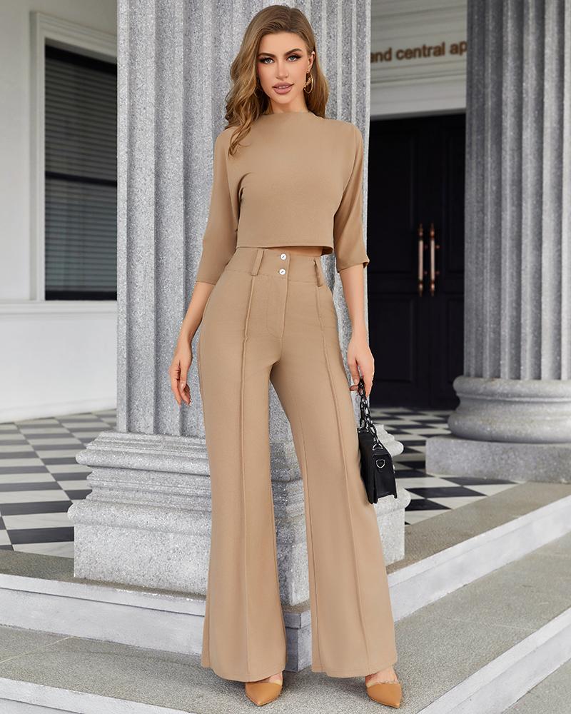 

Mock Neck Crop Top & Pocket Design Buttoned Work Pants Set, Khaki