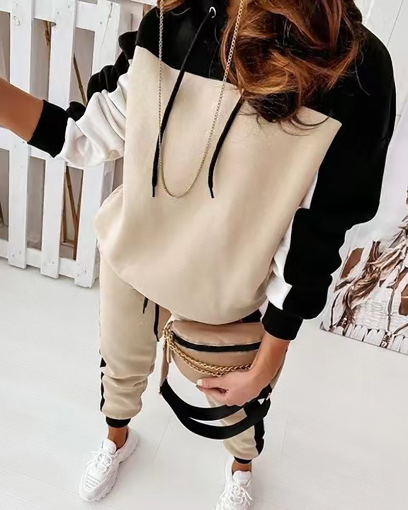 

Colorblock Hooded Top & Drawstring Pants Set, Apricot
