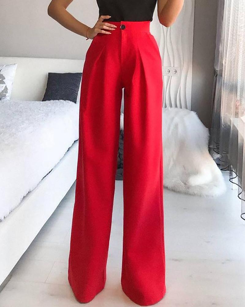 

Single Button High Waist Wide Leg Pants, Red