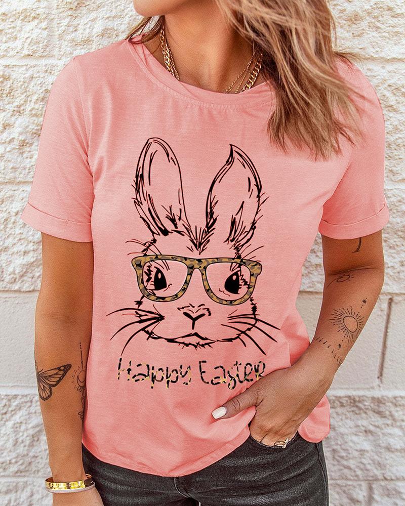 

Happy Easter Bunny Print T-shirt Holiday Graphic Tee, Pink