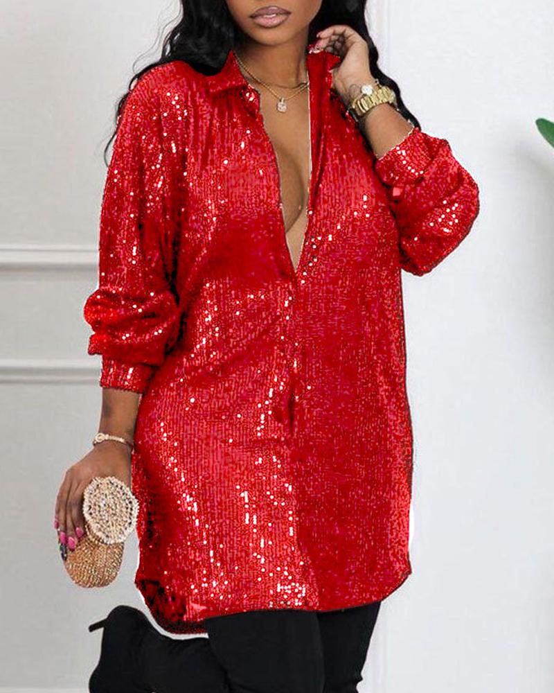 

Plus Size Long Sleeve Allover Sequin Shirt Dress, Wine red