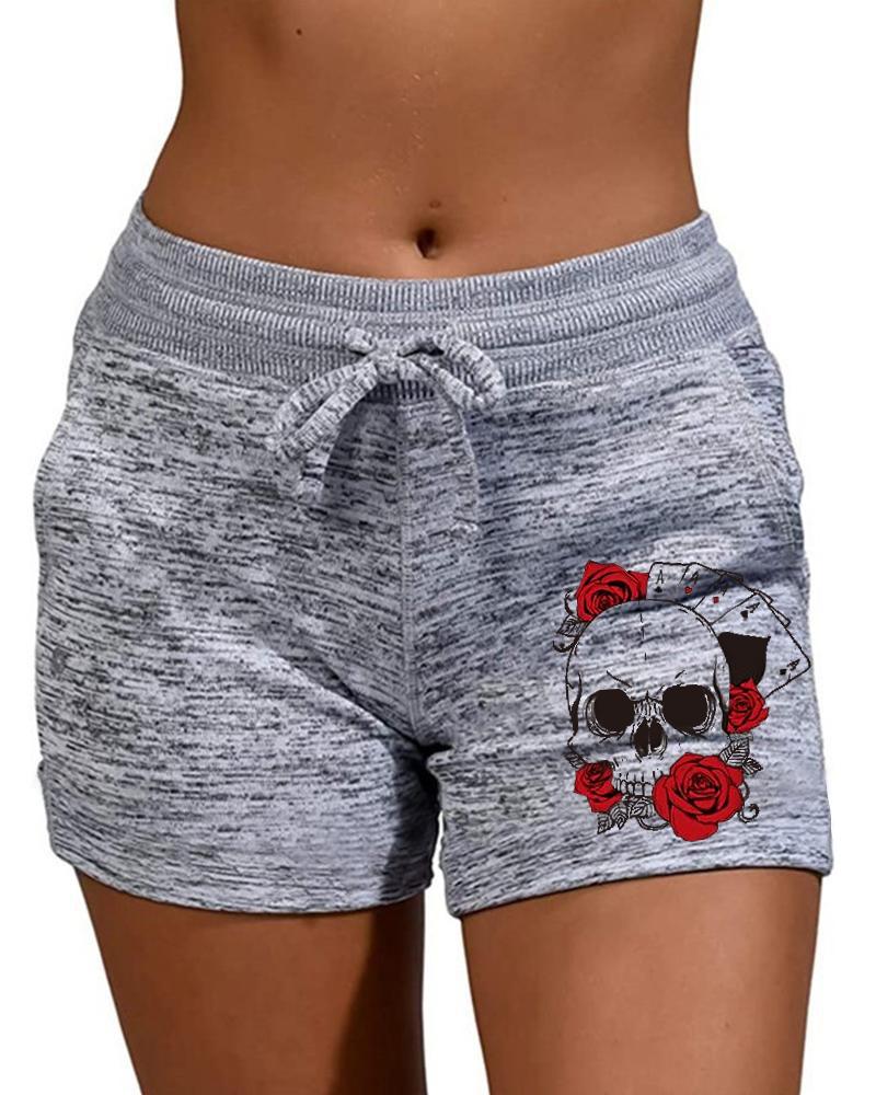 

Skull Print Drawstring Sporty Yoga Shorts, Gray