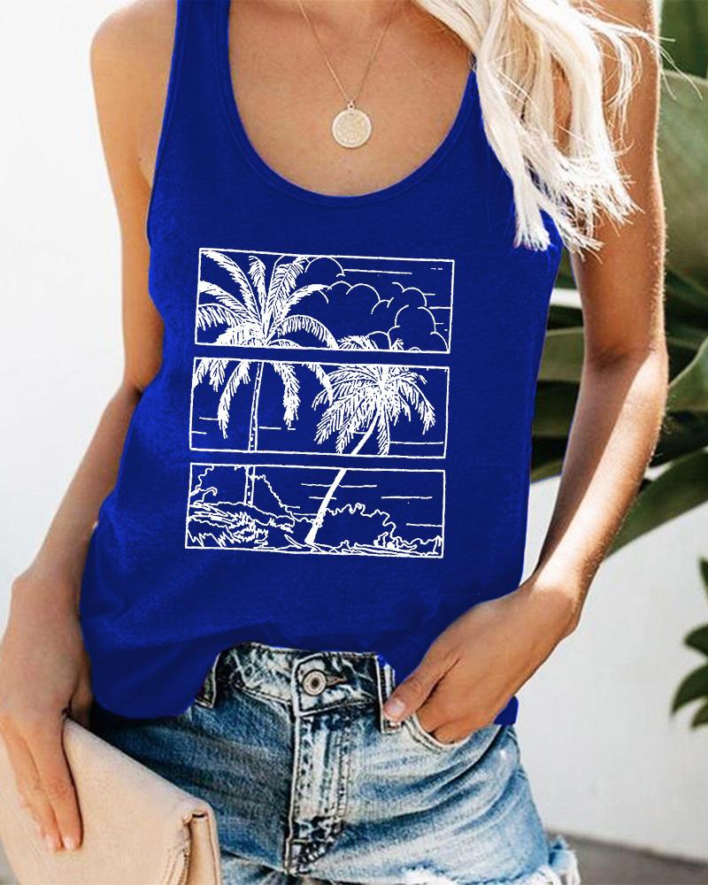 

Coconut Tree Letter Print Graphic Tee Scoop Neck Summer Beach Vest Tank Top, Blue