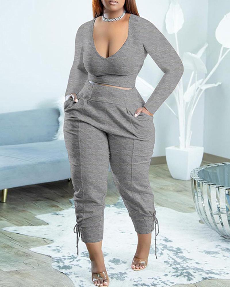 

Long Sleeve Crop Top & Eyelet Lace-up Pants Set, Gray