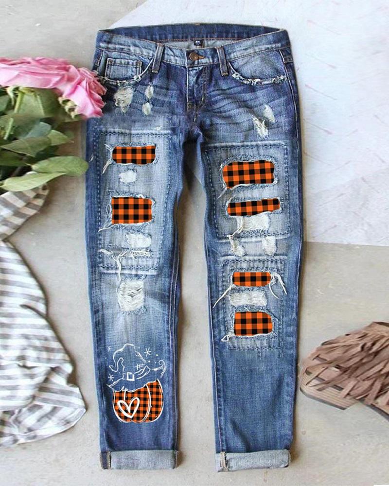 

Halloween Graphic Print Ripped Straight Leg Jeans, Blue