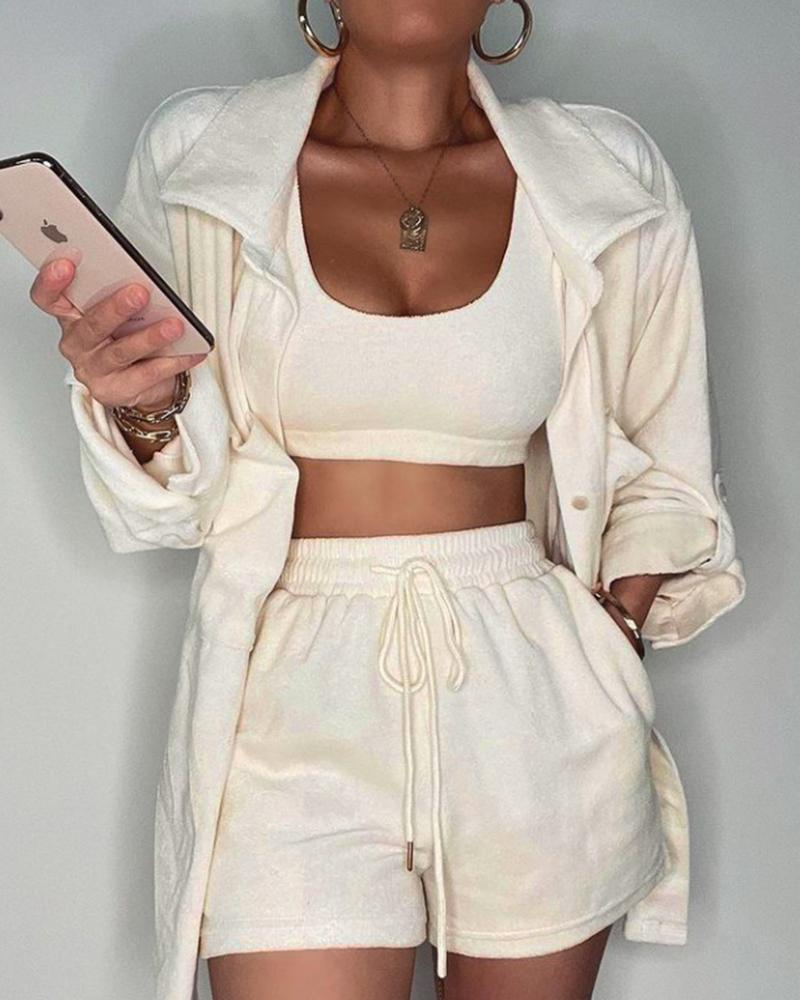 

Crop Tank Top & Drawstring Pocket Shorts With Button Through Roll Up Sleeve Coat Set, Beige