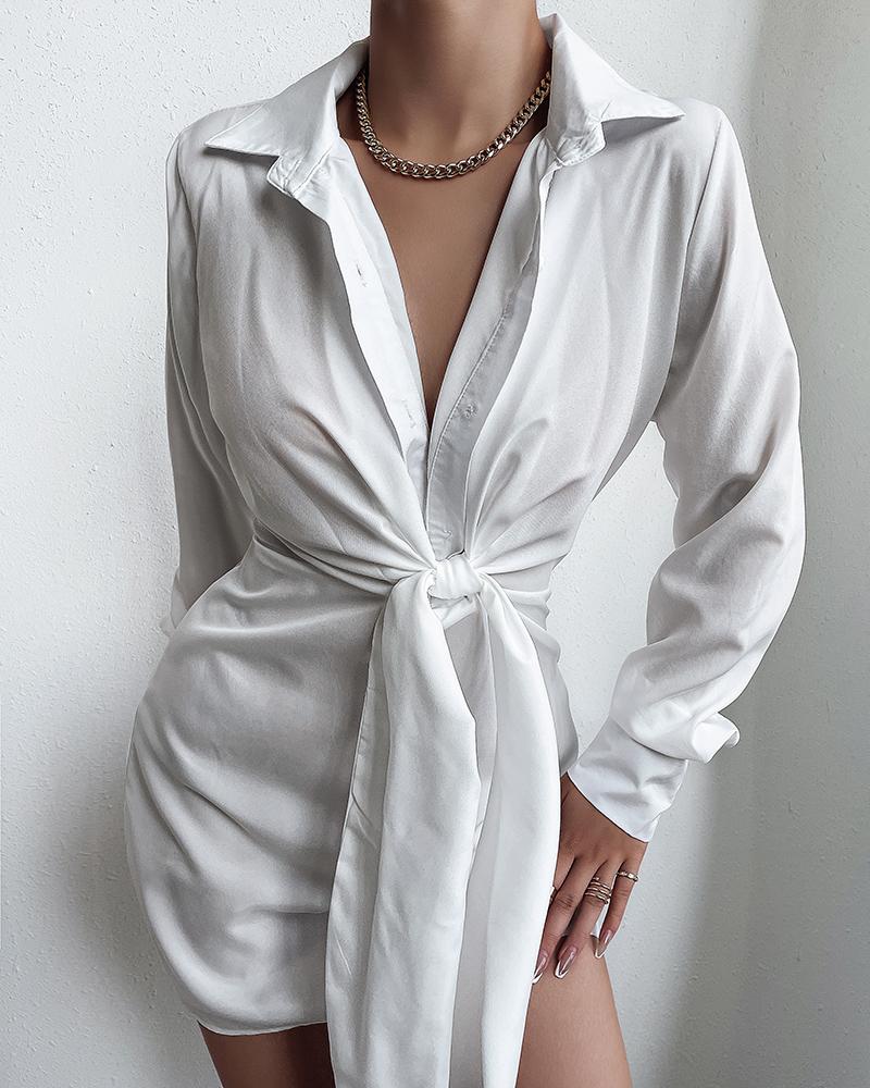 

Solid Plunging Knot Front Shirt Dress, White