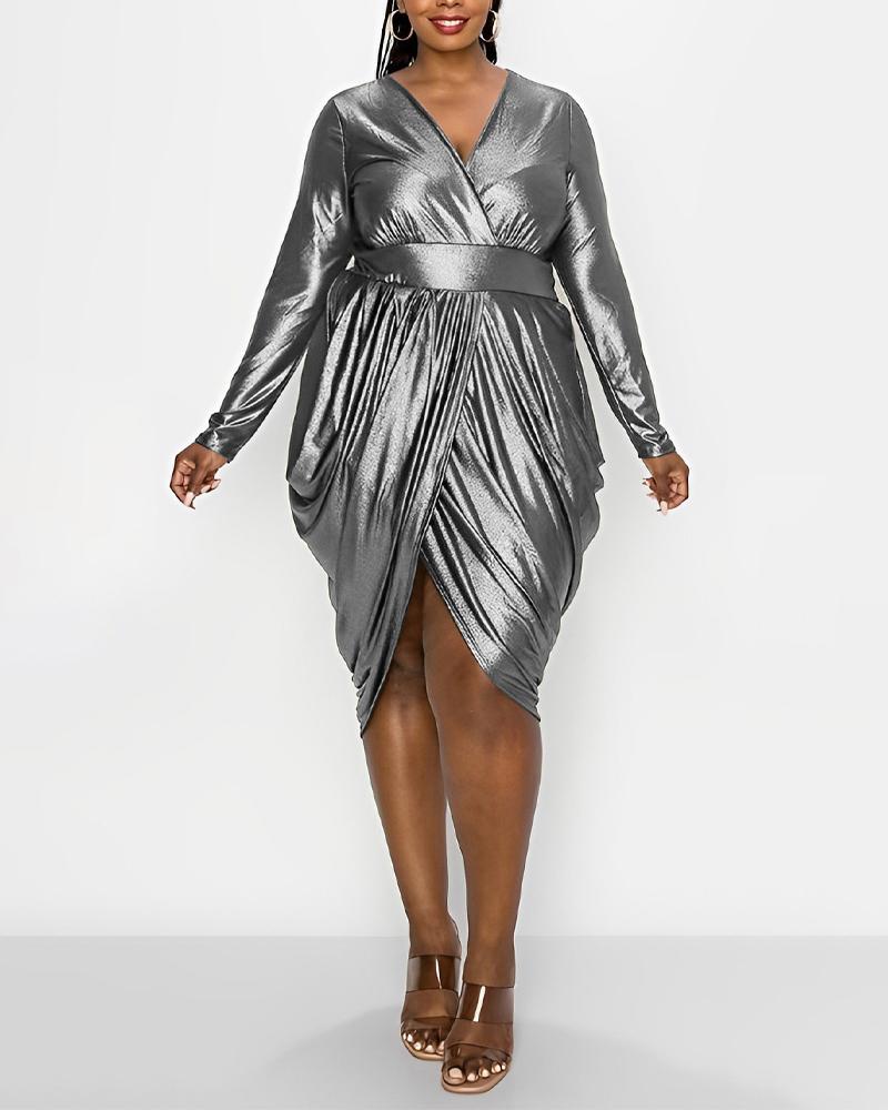 

Plus Size Metallic Long Sleeve Ruched Party Dress, Silver