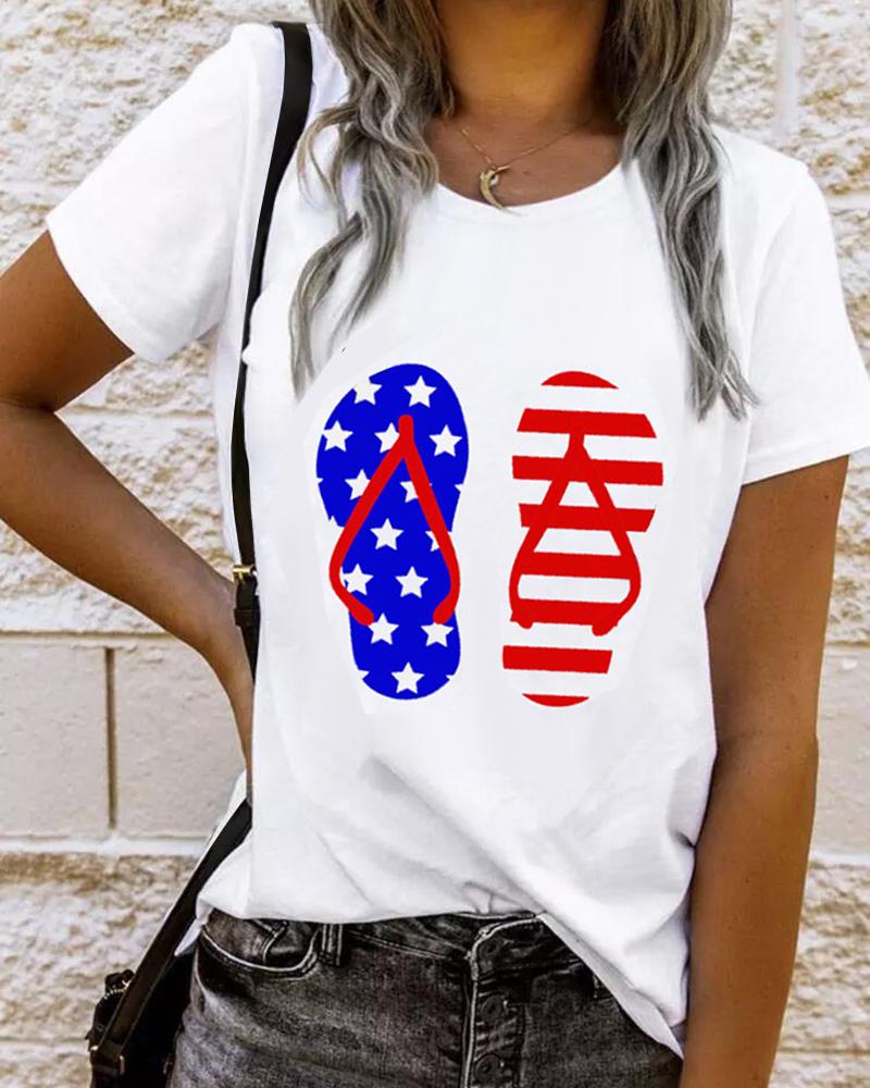 

Independence Day Flag Flip Flops Print Casual T-shirt, White