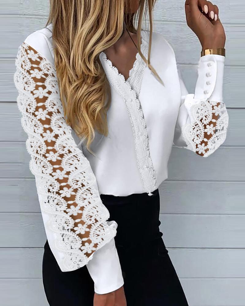 

Hollow Out Lace Long Sleeve Shirt, White
