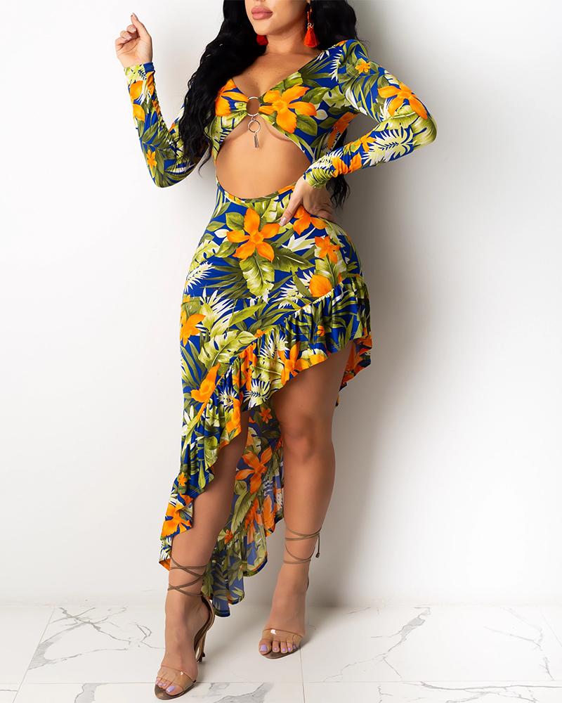 

O-ring Cut Out Irregular Floral Print Dress, Orange