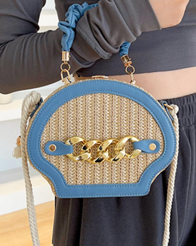 

Trendy Chain Decor Handbag Straw Crossbody Bag, Blue