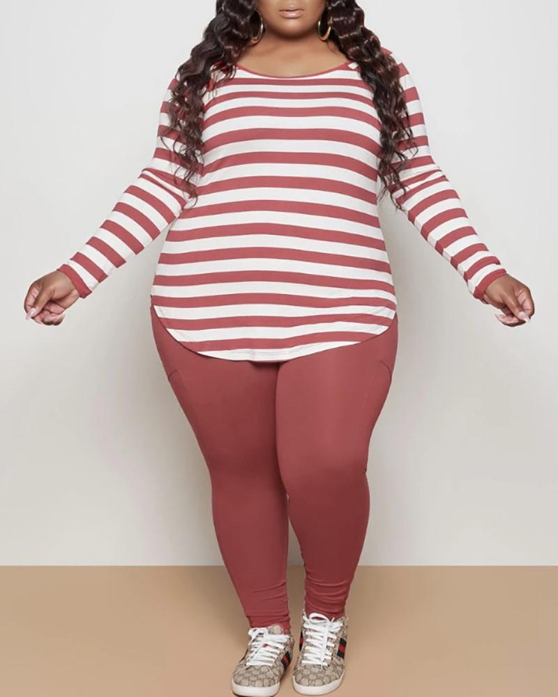 

Plus Size Long Sleeve Striped Top & High Waist Pants Set, Wine red