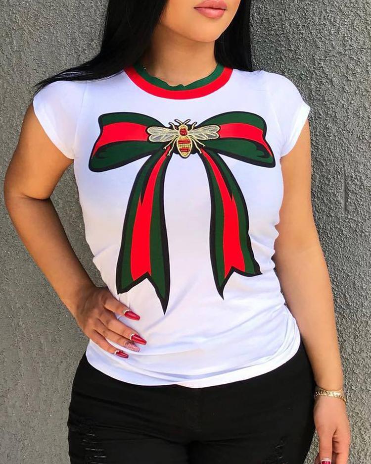 

Bee Bowknot Print Short Sleeve T-shirt, White