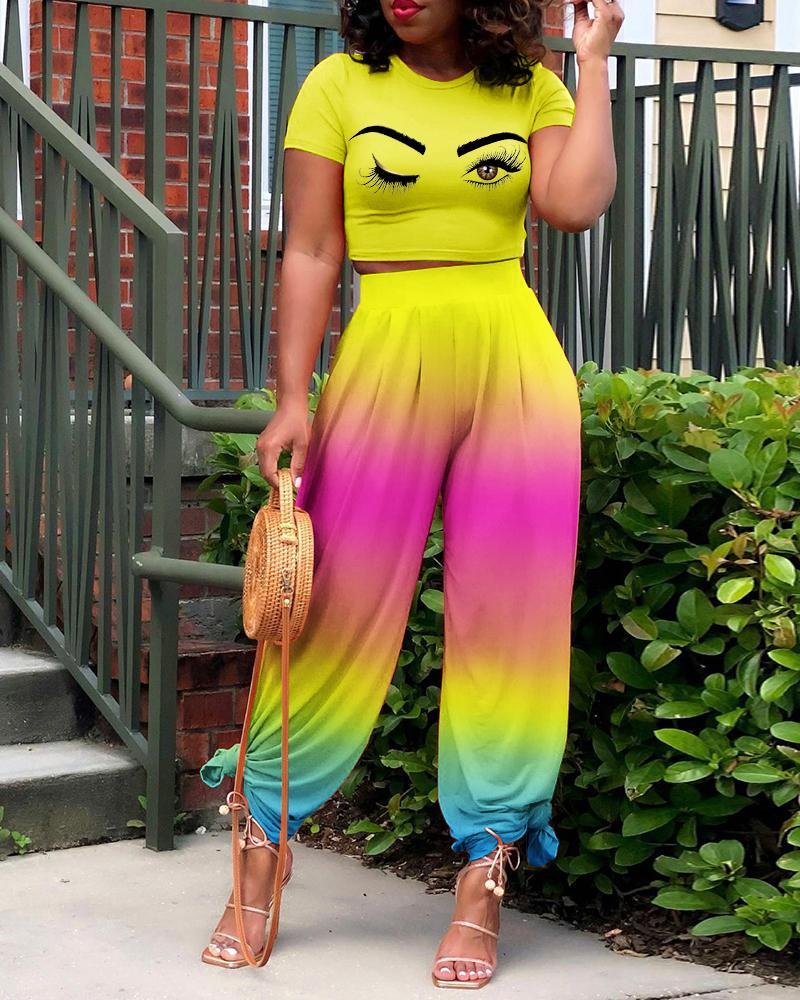 

Eyes Print Top & Tie Dye Print Pants Set, Multicolor